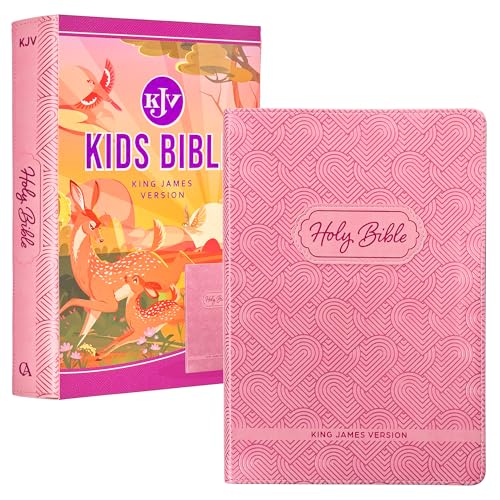 KJV Kids Bible, 40 pages Full Color Study Helps, Presentation Page, Ribbon Marker, Holy Bible for Children Ages 8-12, Blossom Pink Hearts Vegan Leather Flexible Cover