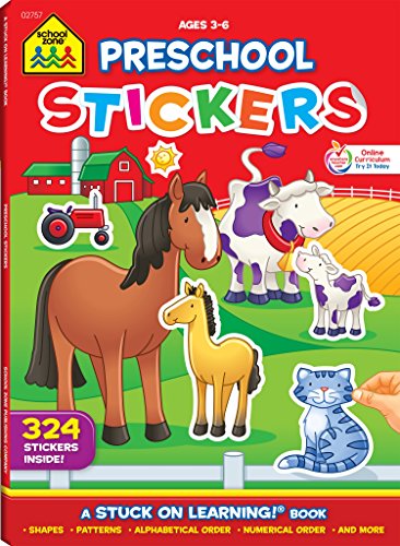 School Zone Preschool Stickers Workbook: 64 Pages, Pre-K, Kindergarten, 324 Stickers, Shapes, Patterns, ABC's, Numbers, Letters, Ages 3-5 (Stuck on Learning! Book Series)