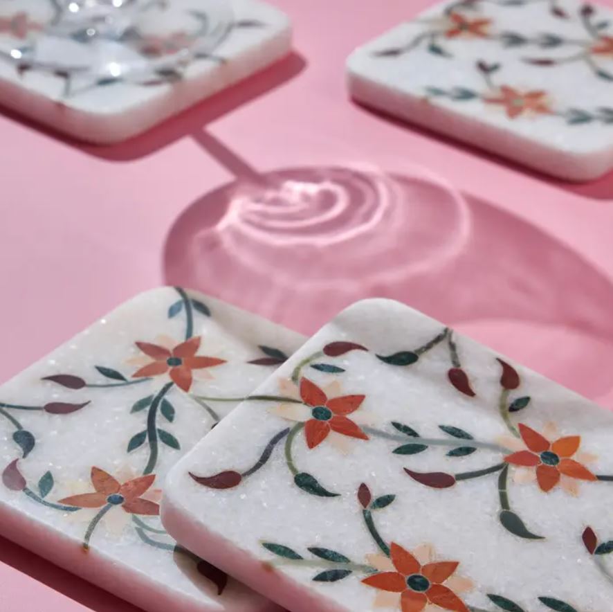 Gauri Kohli: Spring Blossom Marble Coasters, Set of 4