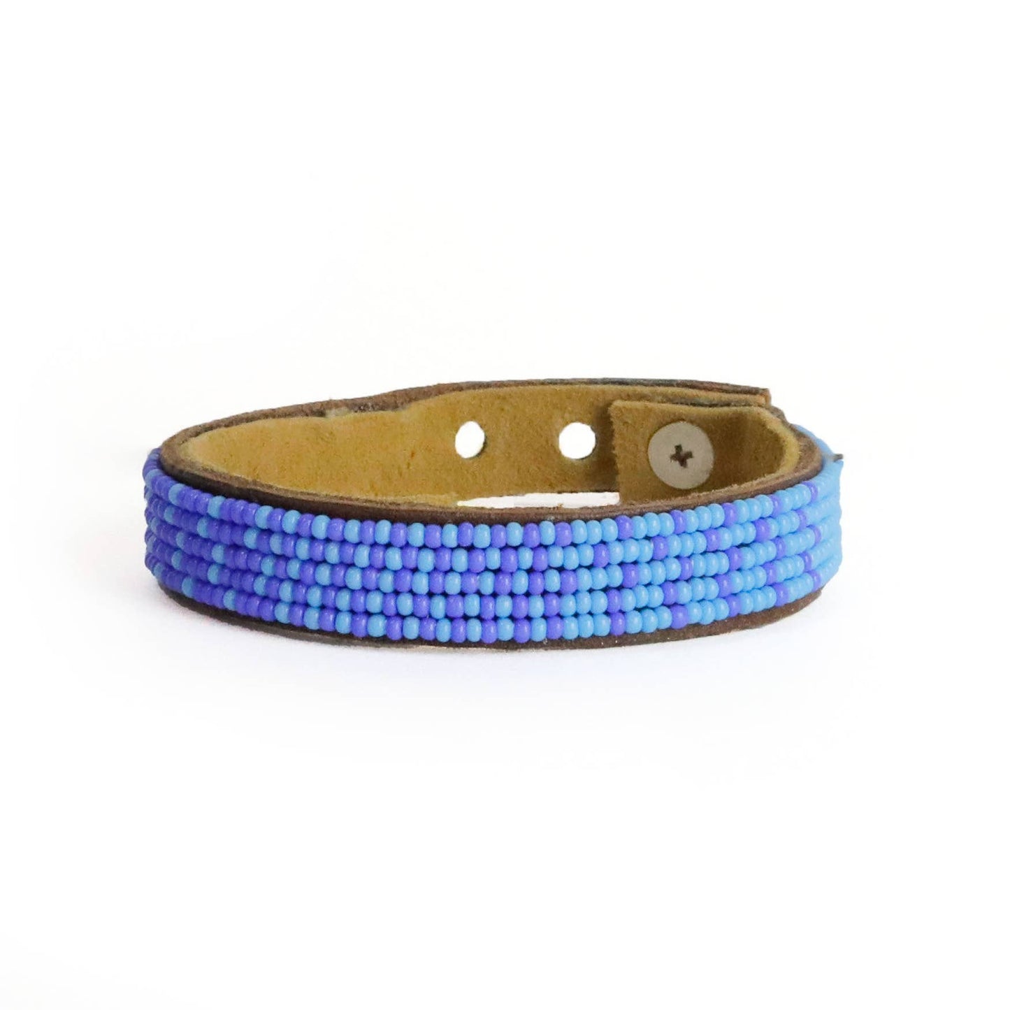 Swahili Coast: Small Ombre Light Blue and Ocean Beaded Leather Cuff