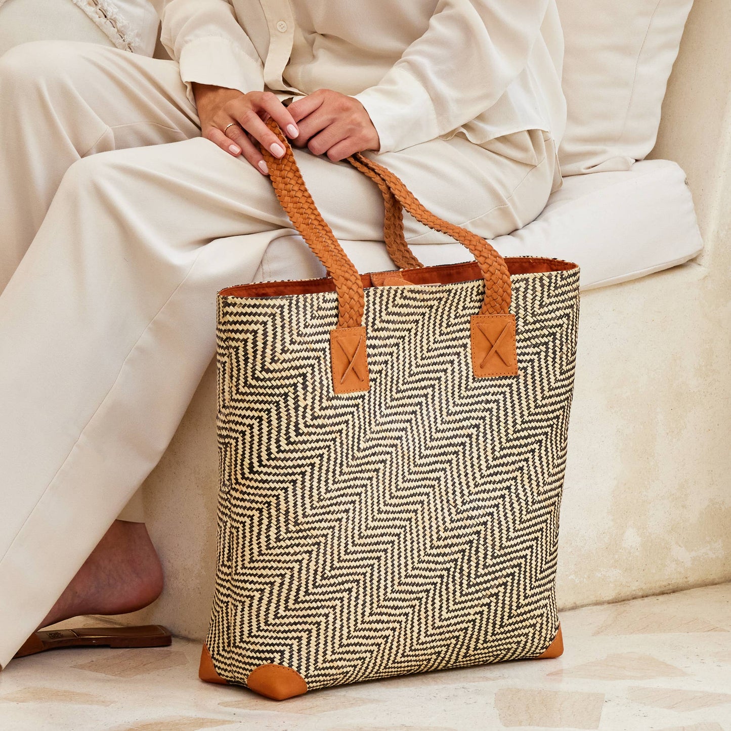 The Winding Road: Oversized Rattan Tote with Brown Leather Trim