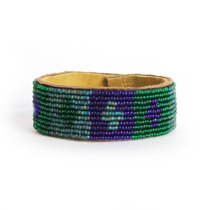 Swahili Coast: Medium Quilt Peacock Beaded Leather Cuff