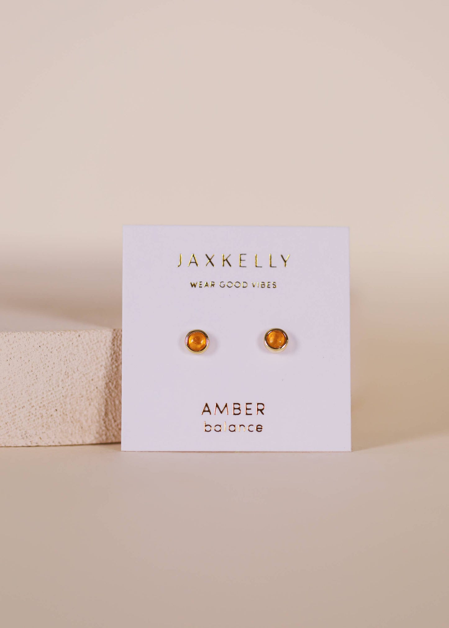 JaxKelly - Simple Stud Earring - Amber Gemstone - 18k Gold Plated