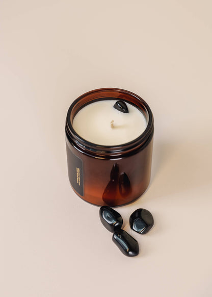 Jax Kelly: 4oz Amber Crystal Candle - Obsidian - Block Negativity