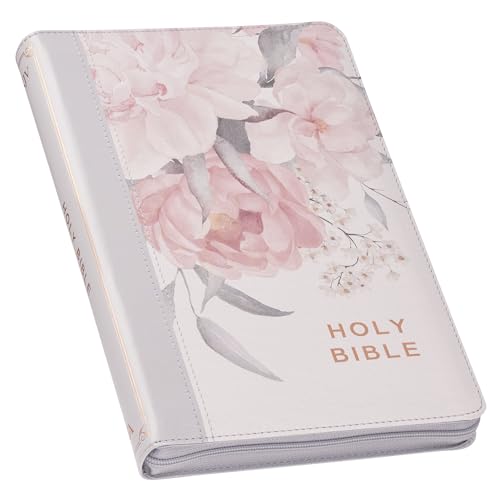 KJV Holy Bible, Deluxe Gift Bible with Thumb Tabs, Ribbon Marker, King James Version, Faux Leather, Frosty Gray and Pink Floral, Zipper Closure (KJV Deluxe Gift Editions)