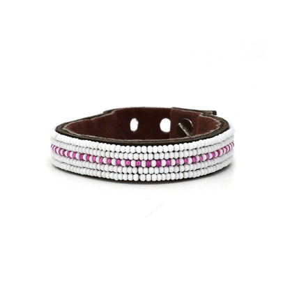 Swahili Coast: Small Pink and White Dashes Leather Cuff