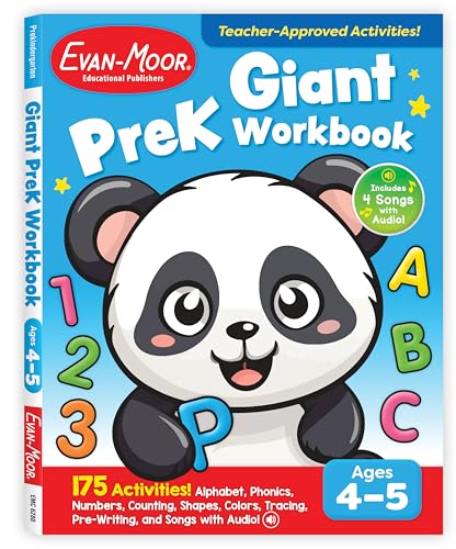 Evan-Moor Giant PreK Workbook, 175 Activities for Preschool Ages 4-5, Alphabet, ABCs, Letters, Numbers, Counting, Shapes, Coloring, Matching, ... School Readiness (Giant Full-Color Workbooks)