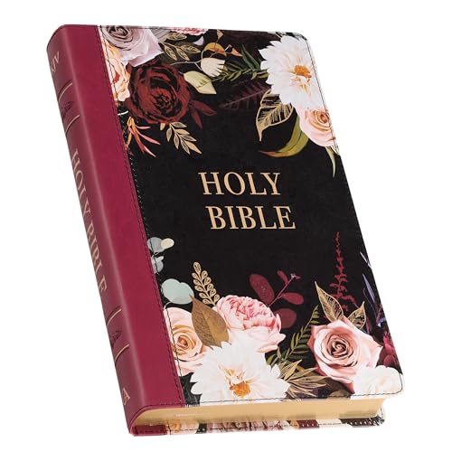 KJV Holy Bible, Thinline Large Print Faux Leather Red Letter Edition Thumb Index, Ribbon Marker, King James Version, Black/Burgundy Printed Floral (KJV Thinline LP Editions)