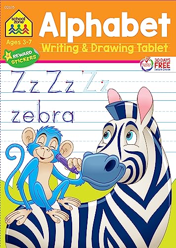 School Zone - Alphabet Writing & Drawing Tablet Workbook - 96 Pages, Ages 3 to 7, Preschool, Kindergarten, 1st Grade, Ruled Lined Paper, Letters, Tracing, Stickers, and More (Easy-Tear Top Bound Pad)