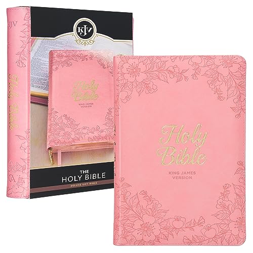 KJV Holy Bible, Standard Size Faux Leather Red Letter Edition Thumb Index, Ribbon Marker, King James Version, Pink Floral Zipper Closure