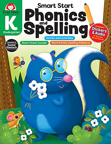Evan-Moor’s Smart Start Phonics and Spelling Workbook for Kindergarten, Beginning Reading, Spelling patterns, Learn to Read, Homeschool, Word families, Stickers, Print Copy, Audio stories