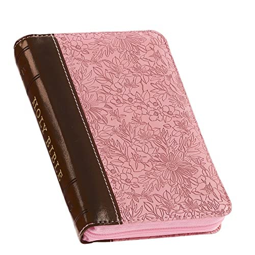 KJV Holy Bible, Mini Pocket Size, Faux Leather Red Letter Edition - Ribbon Marker, King James Version, Pink/Saddle Tan, Zipper Closure