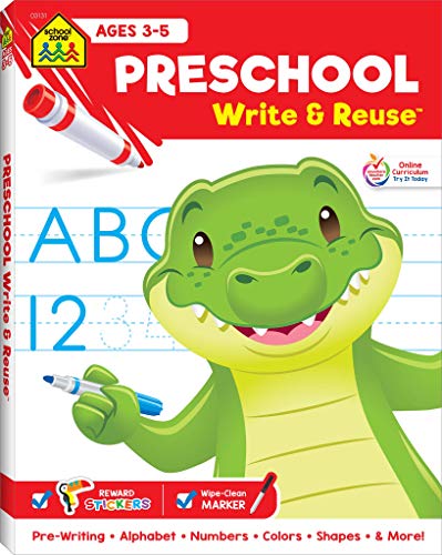 School Zone - Preschool Write & Reuse Workbook - Ages 3 to 5, Spiral Bound, Write-On Learning, Wipe Clean, Includes Dry Erase Marker, Letter Tracing, and More (School Zone Write & Reuse Workbook)