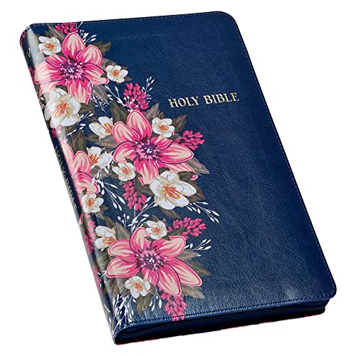KJV Holy Bible Standard Size Faux Leather Red Letter Edition - Thumb Index & Ribbon Marker, King James Version, Blue Floral, Zipper Closure
