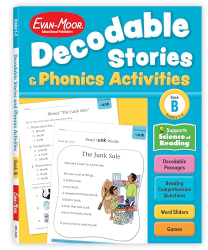 Evan-Moor Decodable Stories and Phonics Activities, Level B, Grades 1-2, Science of Reading-Aligned Phonics Workbook, 12 Stories, Word Games, Advanced Practice, Comprehension Activities
