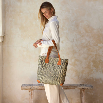 The Winding Road: Oversized Rattan Tote with Brown Leather Trim