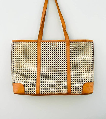 The Winding Road: Large Rattan Cane Weave Tote with Brown Leather Trim