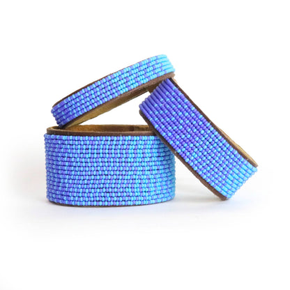 Swahili Coast: Small Ombre Light Blue and Ocean Beaded Leather Cuff