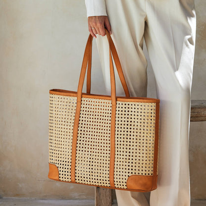 The Winding Road: Large Rattan Cane Weave Tote with Brown Leather Trim