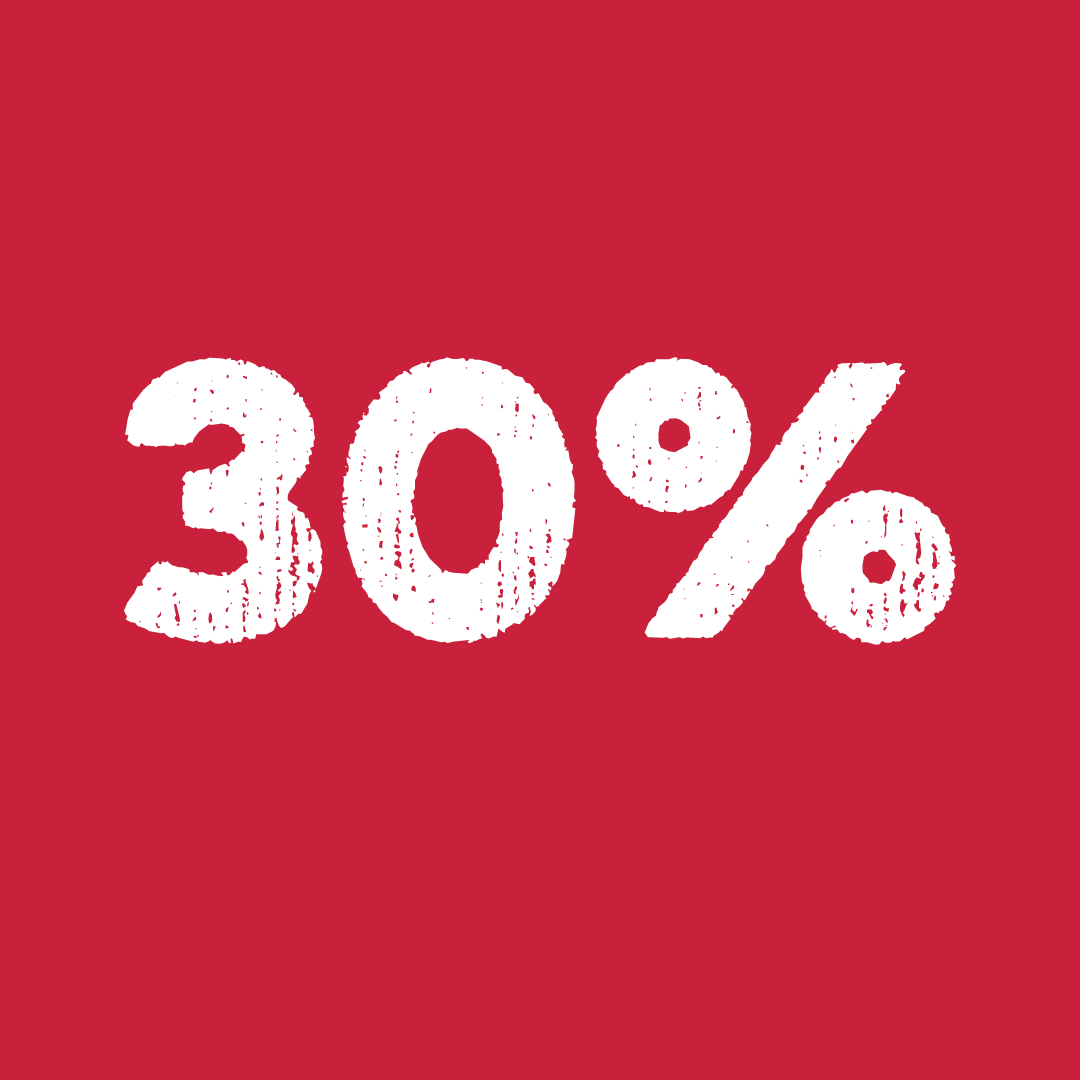 Red background with a prominent logo displaying "30% off" in a stylish font