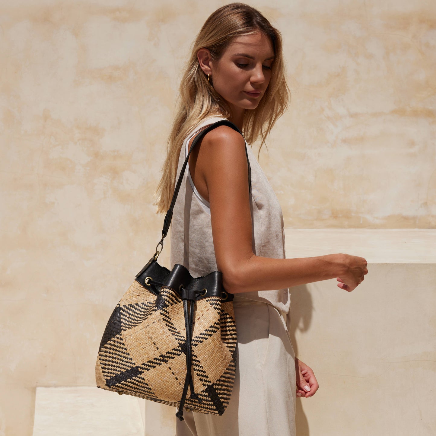 The Winding Road: Rattan Black and Ivory Plaid Tote/ sling Weave, Leather Trim