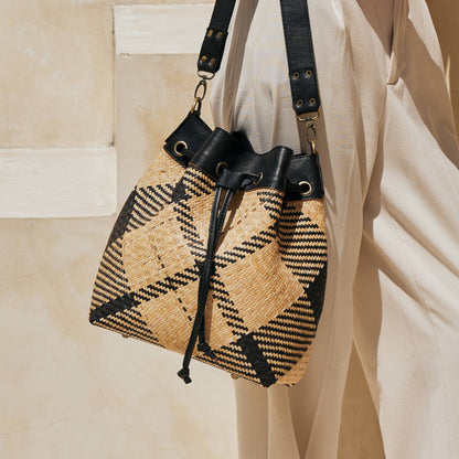 The Winding Road: Rattan Black and Ivory Plaid Tote/ sling Weave, Leather Trim