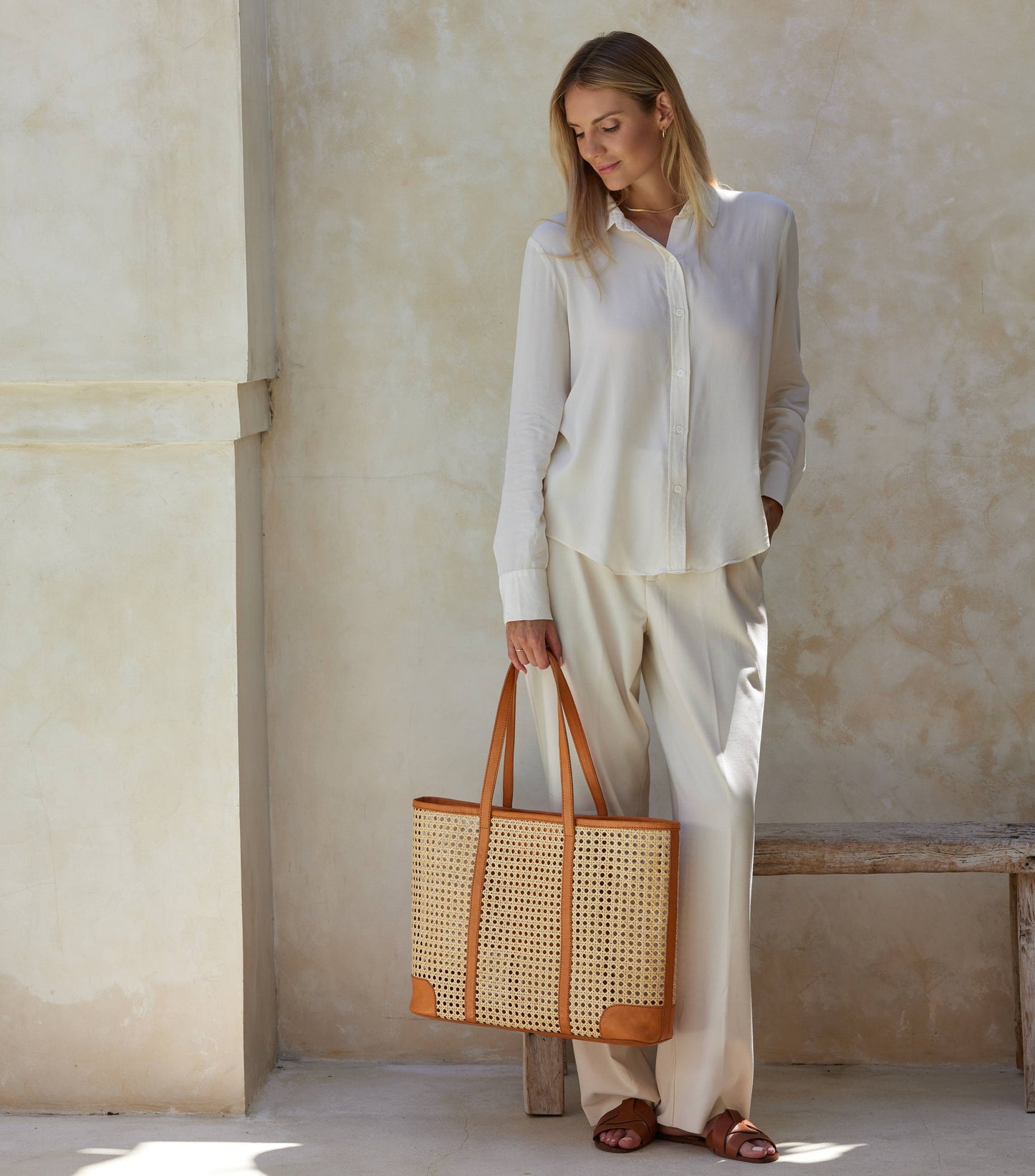 The Winding Road: Large Rattan Cane Weave Tote with Brown Leather Trim