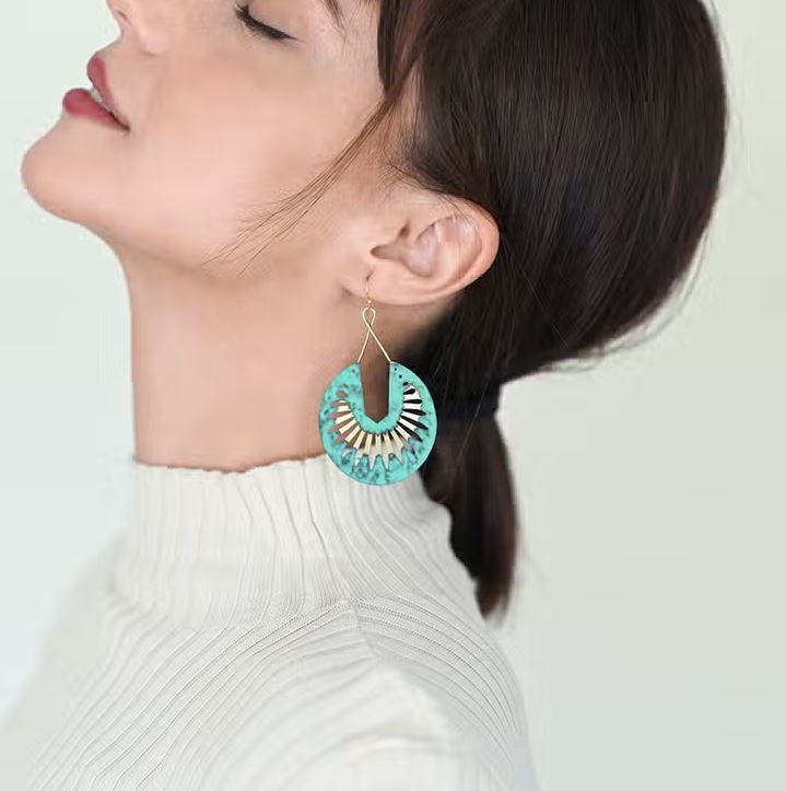 Matr Boomie Fair Trade: Nihira Teal Patina Dangling Hoop Earrings