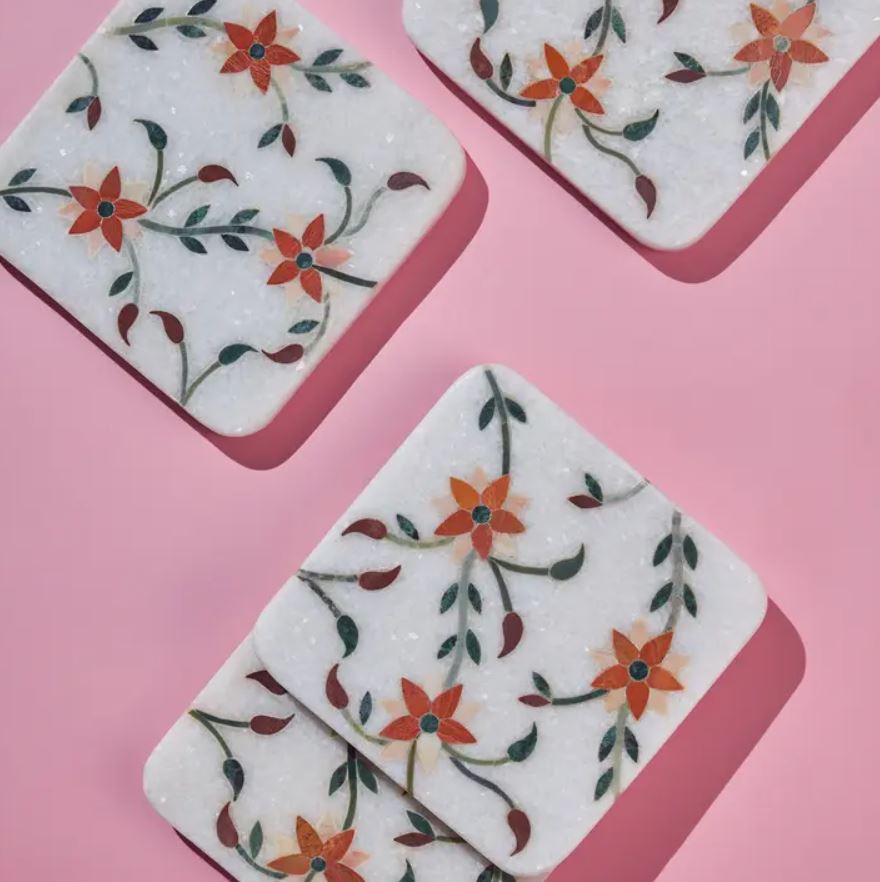 Guari Kholi: Spring Blossom Marble Coasters, Set of 4