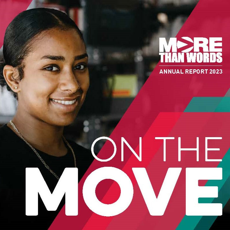 Annual report cover showing smiling young woman working in bookselling business and title: On The Move