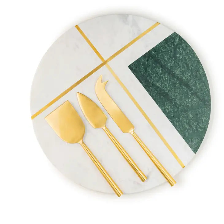 Guari Kholi: Vista Marble Cheese Board with Gold Knives