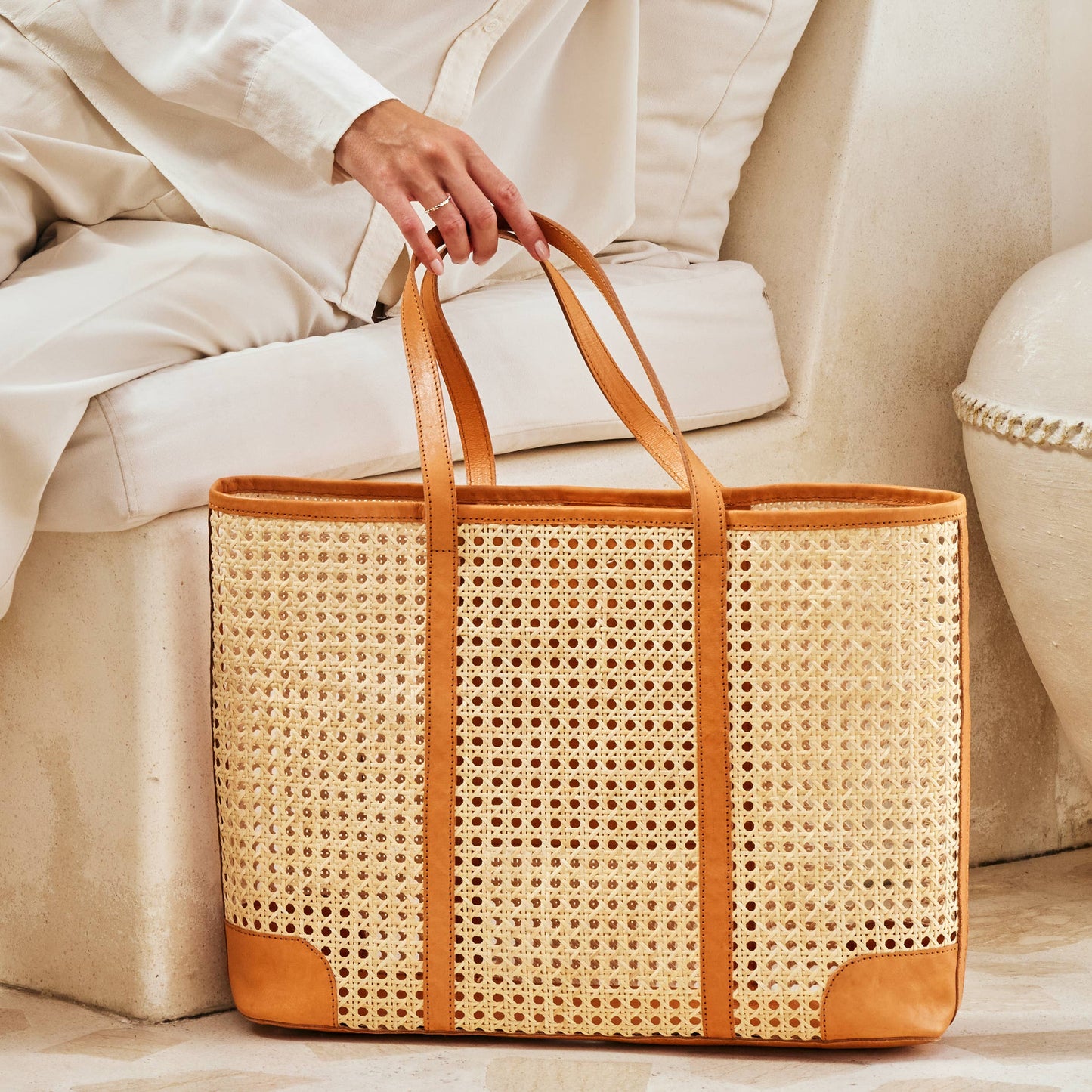 The Winding Road: Large Rattan Cane Weave Tote with Brown Leather Trim