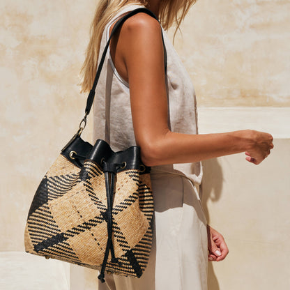 The Winding Road: Rattan Black and Ivory Plaid Tote/ sling Weave, Leather Trim