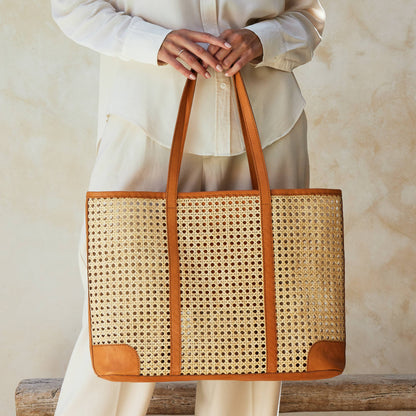 The Winding Road: Large Rattan Cane Weave Tote with Brown Leather Trim