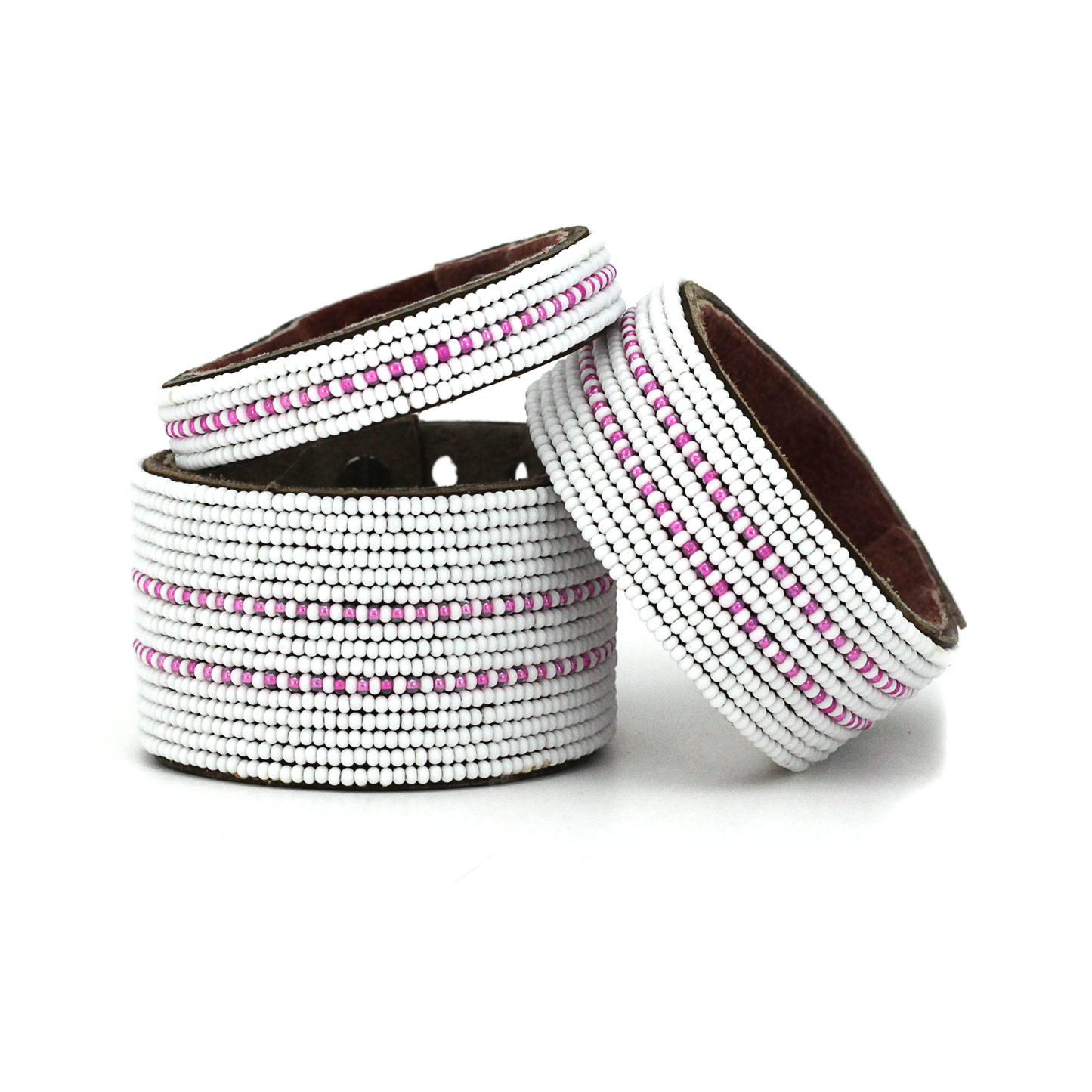 Swahili Coast: Small Pink and White Dashes Leather Cuff