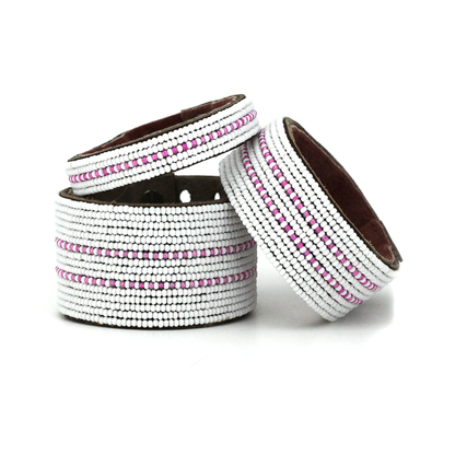 Swahili Coast: Small Pink and White Dashes Leather Cuff