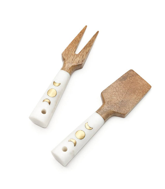 Matr Boomie Fair Trade: Indukala Moon Phase Cheese Knives Set of 2 (Wood, Marble)