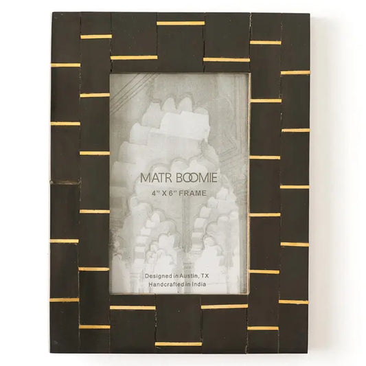 Matr Boomie Fair Trade: Andhera Dash 4x6 Black Picture Frame- Carved Horn, Brass