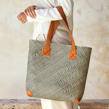 The Winding Road: Oversized Rattan Tote with Brown Leather Trim