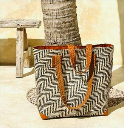 The Winding Road: Oversized Rattan Tote with Brown Leather Trim