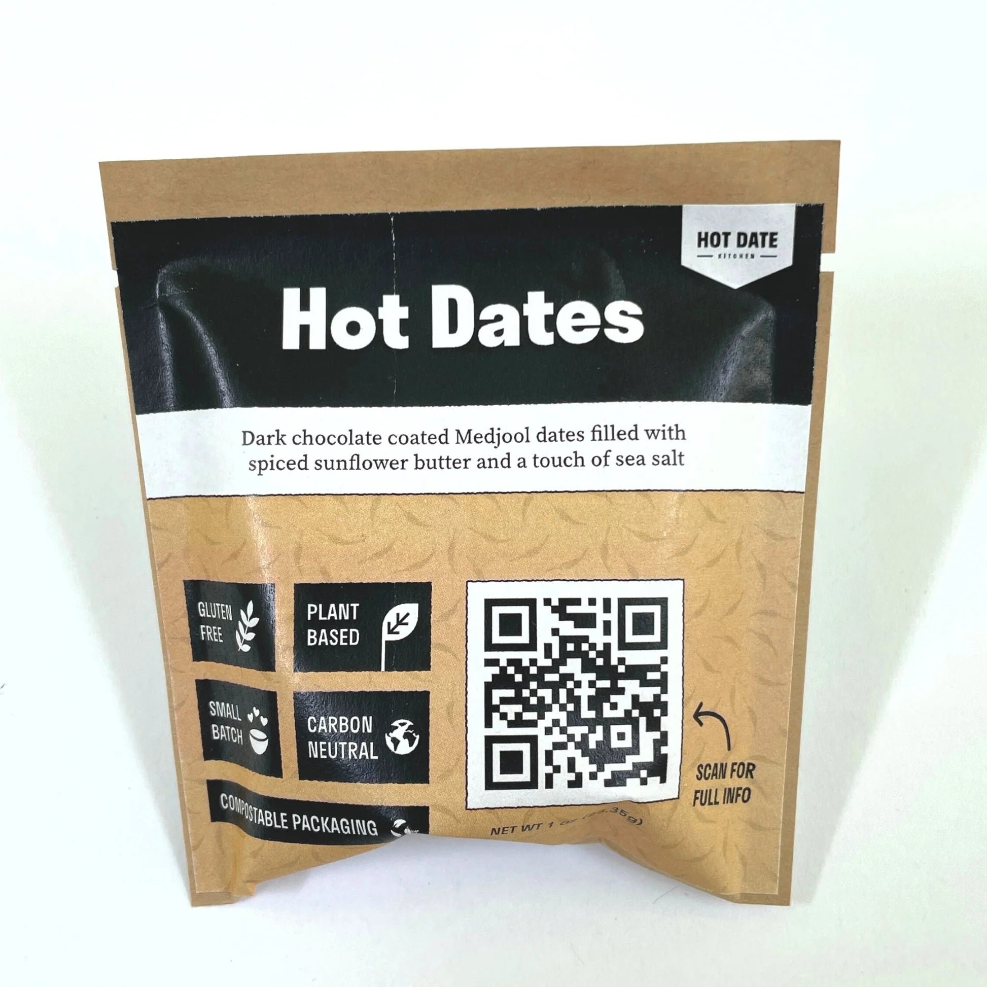 Brown hot dates bag with black and white text, scannable QR code, labels for gluten-free, plant-based, small-batch, eco-conscious
